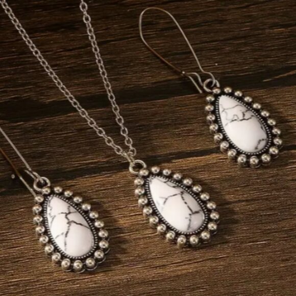 Boho Style Synthetic White Turquoise Water Drop Pendant Necklace & Earrings Set - Picture 2 of 4